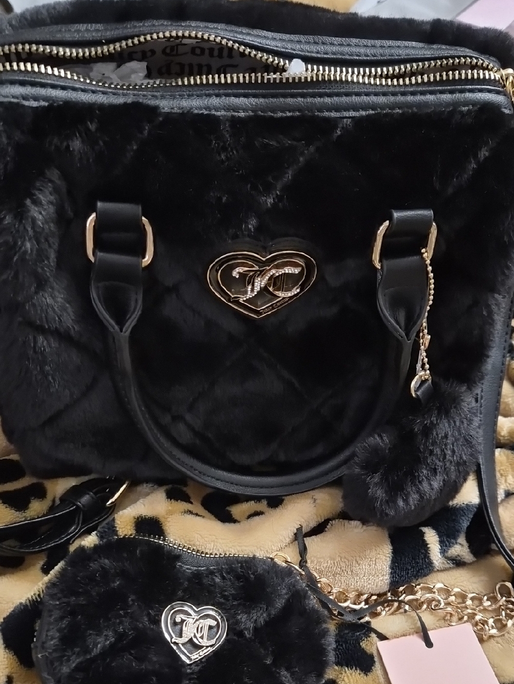 Faux Fur Black Tote Bag with Heart Logo Set With Wristlet